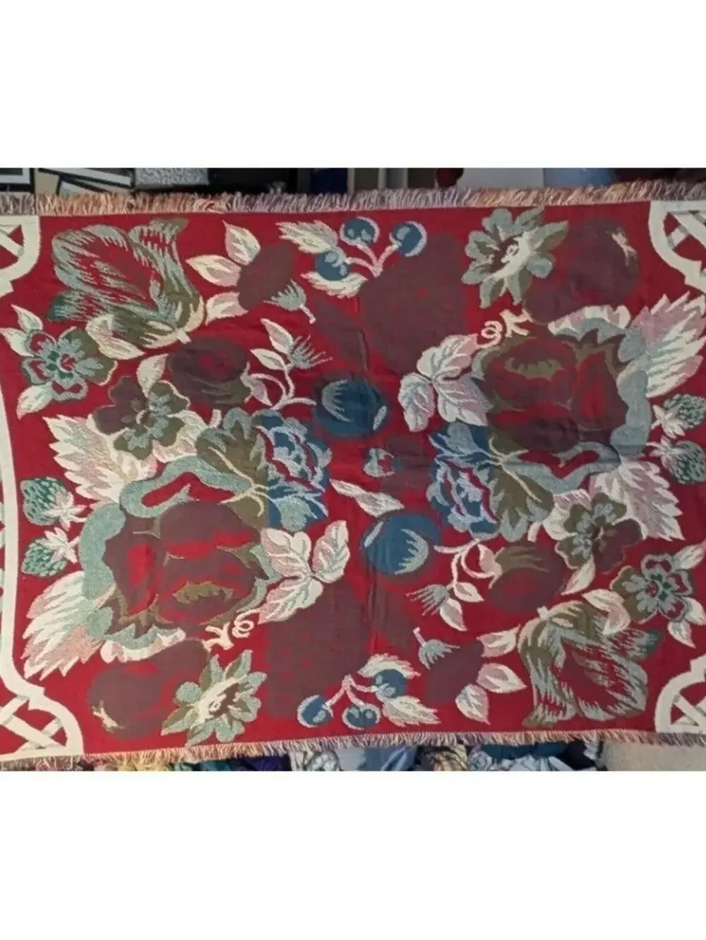 Vintage 46x70 Floral Fruit Woven Tapestry Throw Blanket Reversible Red Cream